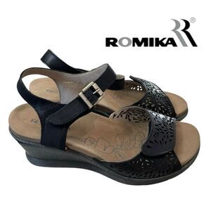 New Romika German Women's Black Leather Wedge Sandals 37  6  6.5